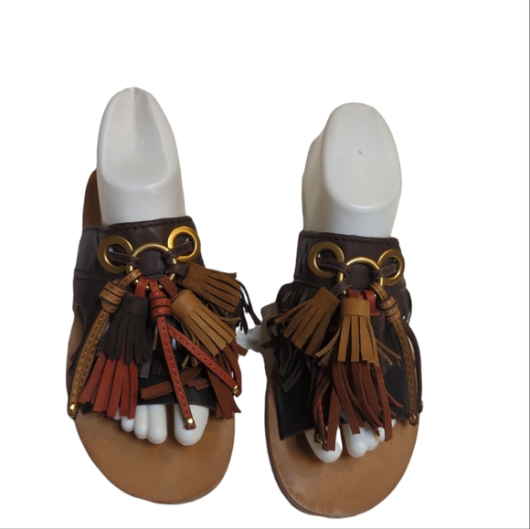 See By Chloe Shoes - See by Chloe tassel tan leather fringe leather strappy slide sandals sz 8 1/2